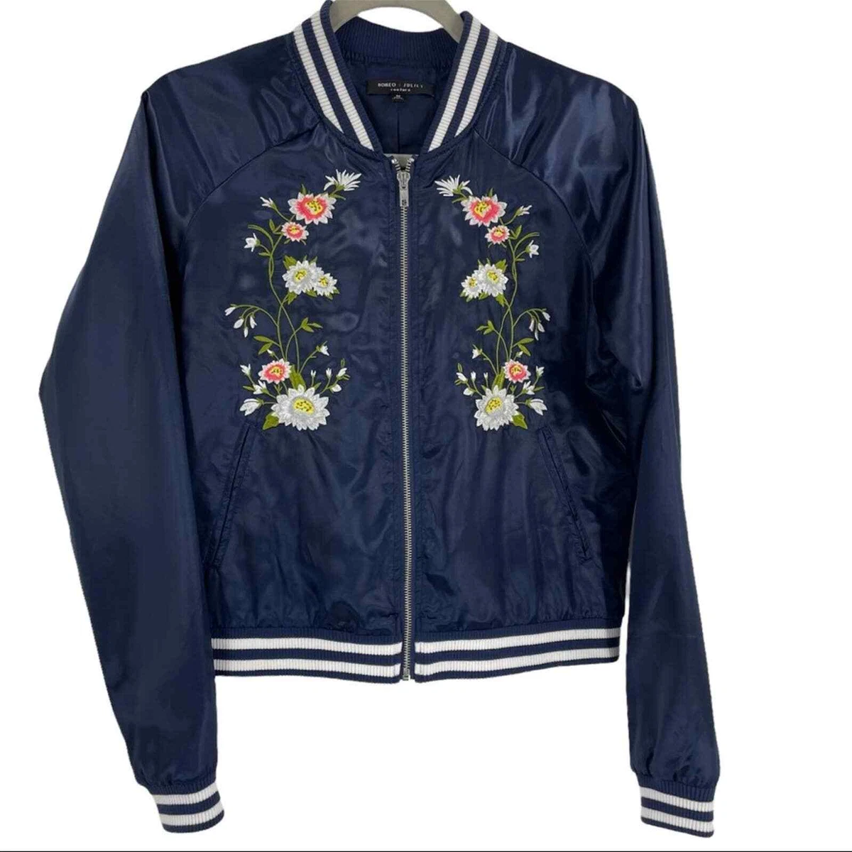 Romeo + Juliet Couture M Embroidered Satin Bomber Jacket Navy Floral | eBay