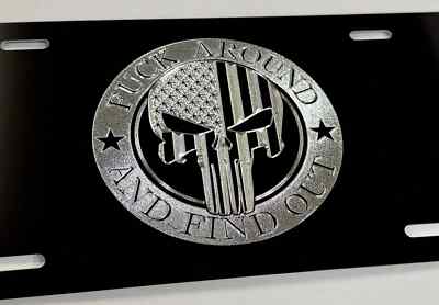 F Around Find Out FAFO Punisher Car Tag Diamond Etch Black Metal License Plate
