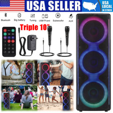 Portable Triple 10" Woofer Bluetooth Party Speaker Heavy Bass w/2 Mic Remote TWS