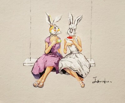 Two Rabbits on swing,  8x10 Hand painted on Giclee Canvas, Canvas-only