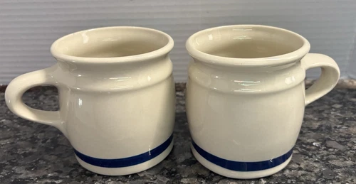 Vtg. Hartstone Pottery Mugs (set of 2) USA Farmhouse Crock style Blue stripe 