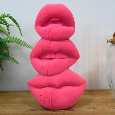 Rosa Lippen Mund Ornament 3D Stapel Samt Spaß Wohndeko Neuheit Statue schrullig