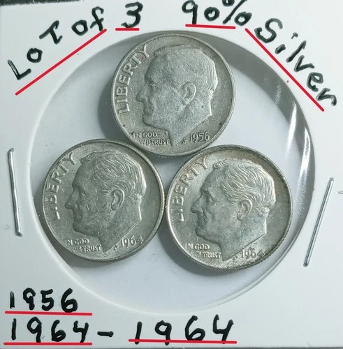 Lot of 3 Roosevelt Dimes 2-1964 -1-1956 90% Silver VG Condition Look &Judge Them