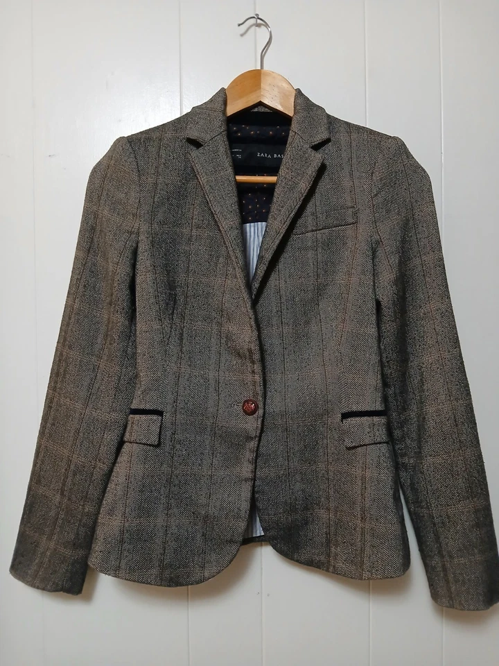 Blazer de negocios Zara básico a cuadros de lana con parches en el codo con un botón XS Foto 3 de 4