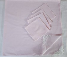 Vintage Tablecloth Pale Pink With White Lace Edges 42 x 42 Square 4 Napkins