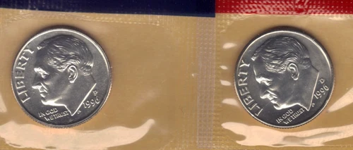 1996-P & D UNCIRCULATED BU ROOSEVELT DIMES IN MINT SET CELLO (2 coins)