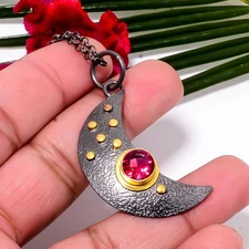 Pink Rubellite Tourmaline Crescent Moon 925 Silver Chain Pendant 18-22" Sku22