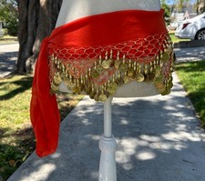 Orange Belly Dance Hip Scarf with Gold Coins - Belly Dancing