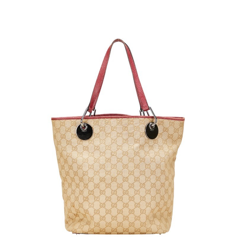 Gucci GG Canvas Tote Bag in Beige and Red Leather Preowned