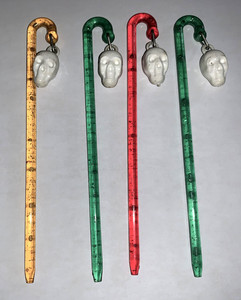 4 Vtg Halloween Skull Charm Cocktail Stirrers Swizzle Sticks Clear Translucent