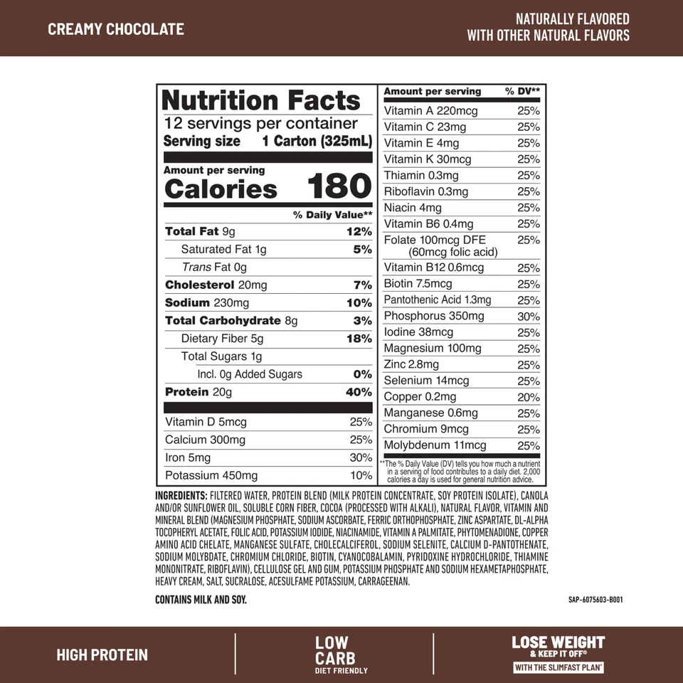 Batidos SlimFast Advanced Cremosos Chocolate Alto en Proteínas 11 fl. oz., 12 pk. Foto 4 de 4