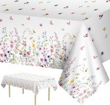 2 Pcs Spring Floral Tablecloth - Plastic Wildflower Butterfly Party Table Cover,