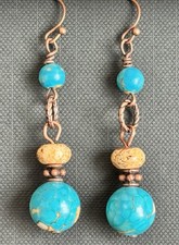Turquoise, Beige and Copper Dangle Earrings. Bohemian Chic.