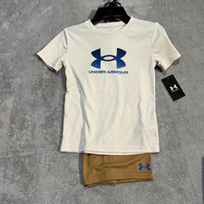 Under Armour Shirt Shorts Set Youth 6 White Tan Logo Athletic Graphic Outfit