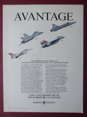 10/1984 PUB GENERAL ELECTRIC AIRCRAFT ENGINE F110 F404 F-14 F-20 F-16 FRANZÖSISCHE ANZEIGE
