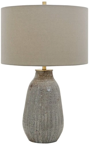 Rustic Table Lamp 25 1/2" High Brown Gray Ceramic Off White Drum Shade Bedroom - Picture 2 of 5