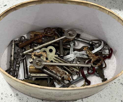 Lot of 28 Antique Skeleton Keys, Ornate & Rustic Styles, Vintage Decor w/ Box