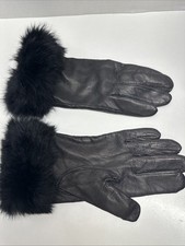Genuine Leather Gloves Luxury Wrist Length Soft Faux Fur Trim Black Womens Small