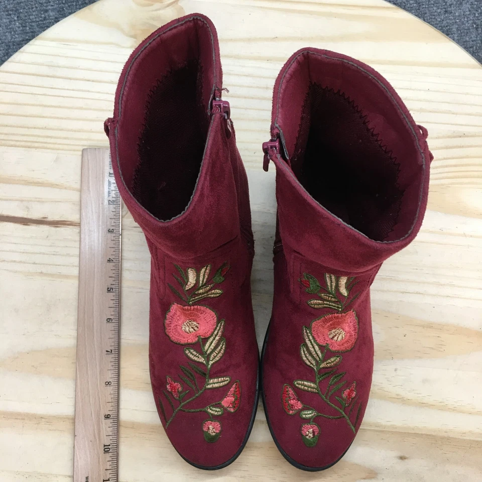 Weeboo Boots Womens 7.5 Mid Calf Burgundy Suede Zip Embossed Floral Tasseled - Image 4 of 4