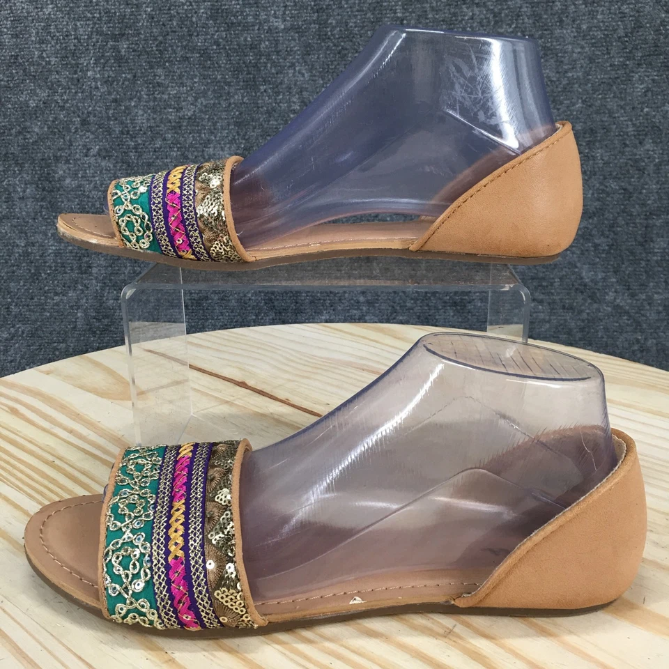 Sandalias Merona para mujer 8 Boho lentejuelas sin cordones planas tela beige informales punta abierta Foto 2 de 4