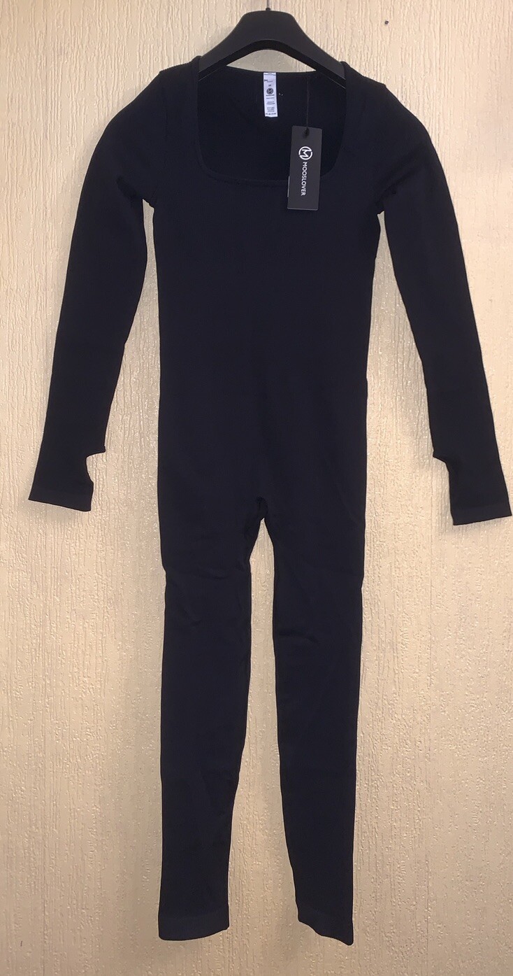 Mooslover Medium Jumpsuit Women’s Black Ribbed Long Sleeve Seamless UK
