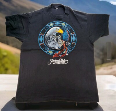 Vtg Native American Eagle Wolf Mens XL T-Shirt USA Single Stitch Wyoming Tourism