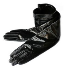 Women New Real Shining Patent Leather Opera Long Plain Style Goves Black