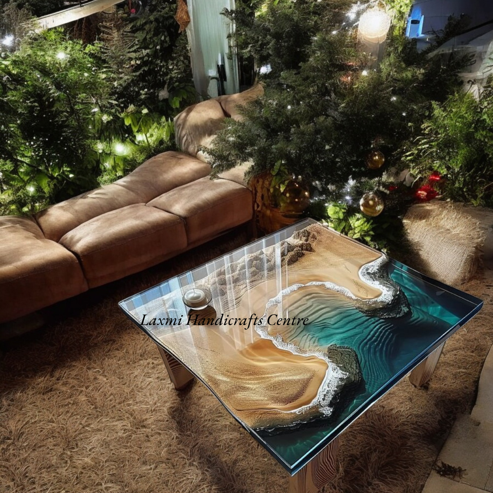 30 Inch Ocean Wave Epoxy Resin Live Edge Acacia Wood Coffee Tabletop Decor