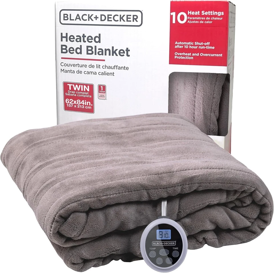 BLACK+DECKER Heated Twin Blanket, 62" x 84”, 10 Heat Settings, 10-Hour Timer