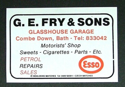 Matchbox Label Bouldens Esso G E Fry Glasshouse Garage Combe Down Bath ME478a