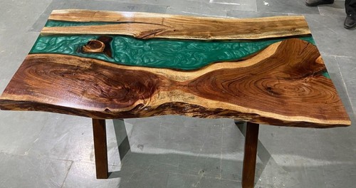 Maßgeschneiderte Live Edge Epoxidgrün Harz Holz Fluss Stil Esszimmer Büro Tischplatte - Bild 3 von 9