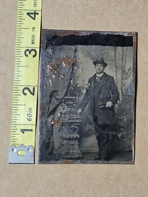 Vintage Antique Tintype Photo Dapper  Man Stylish Clothes Wool Suit Gloves Hat