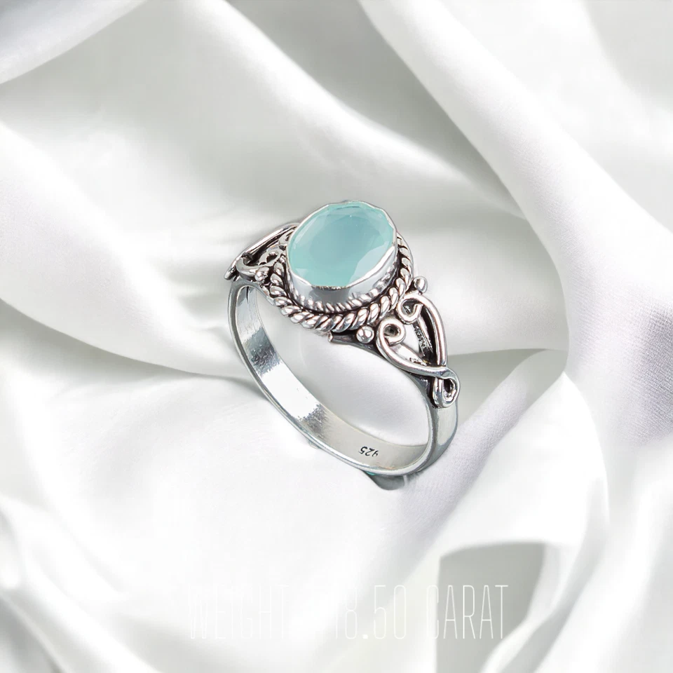 Anel feminino de pedra preciosa natural calcedônia aquática prata esterlina 925 presente - Imagem 2 de 4