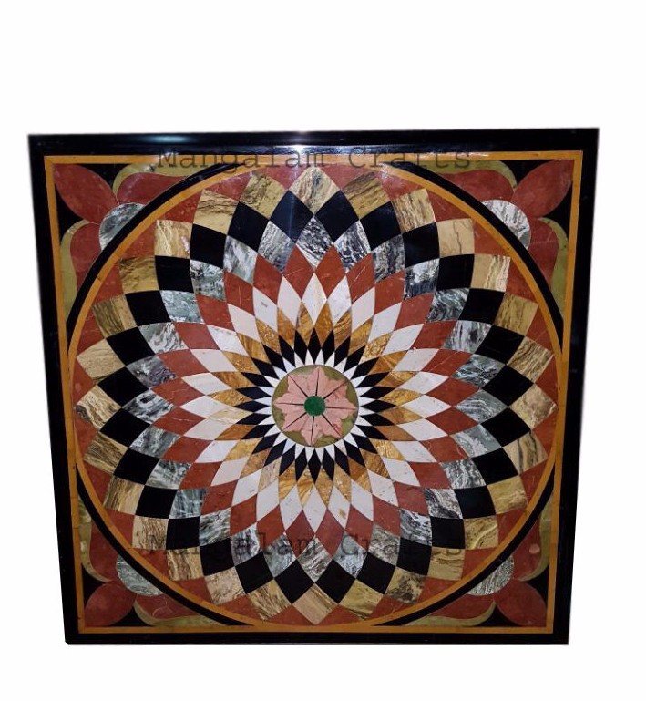 36-Inch Handmade Marble Table Top with Semi-Precious Stone Inlay