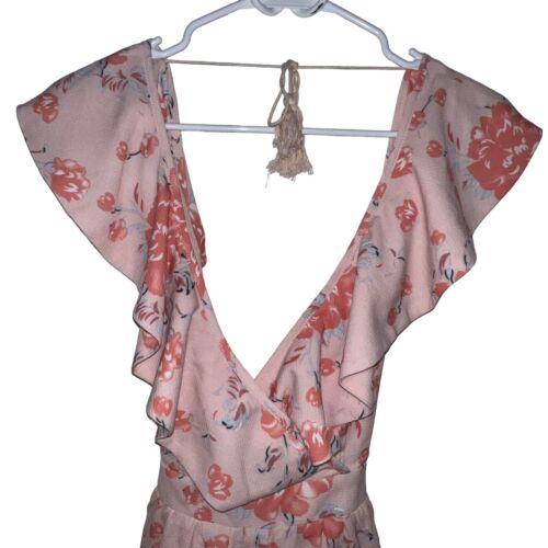 ANGEL BIBA OPEN BACK ORANGE FLORAL ROMPER RUFFLE V NECK TASSLE BACK TIES SIZE 8 - Picture 2 of 12