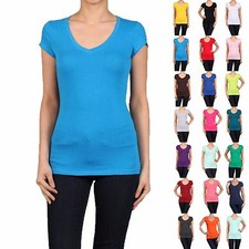 Basic V-NECK Short Sleeve Women/Juniors Solid Top Cotton T Shirt S-XL