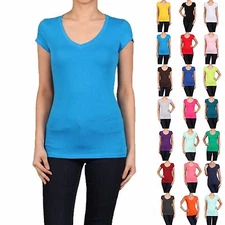 Basic V-NECK Short Sleeve Women/Juniors Solid Top Cotton T Shirt S-XL