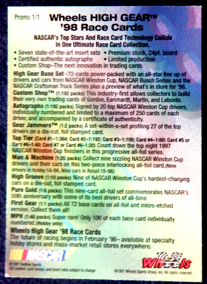 Terry Labonte Nascar promo card 1, 1998 Wheels High Gewar - Image 3 of 3