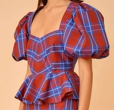 Hunter Bell Kaia Buffalo Plaid Lined Peplum Puff Sleeve Blouse Top Red Blue SZ 4