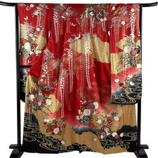 Vintage Japanese Silk Furisode Kimono   Red Floral Cart Gold