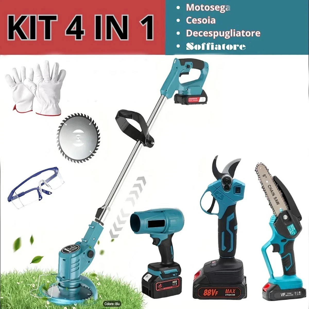 Kit Giardinaggio 4 in 1 Batteria 88V: Motosega, Cesoia e Soffiatore