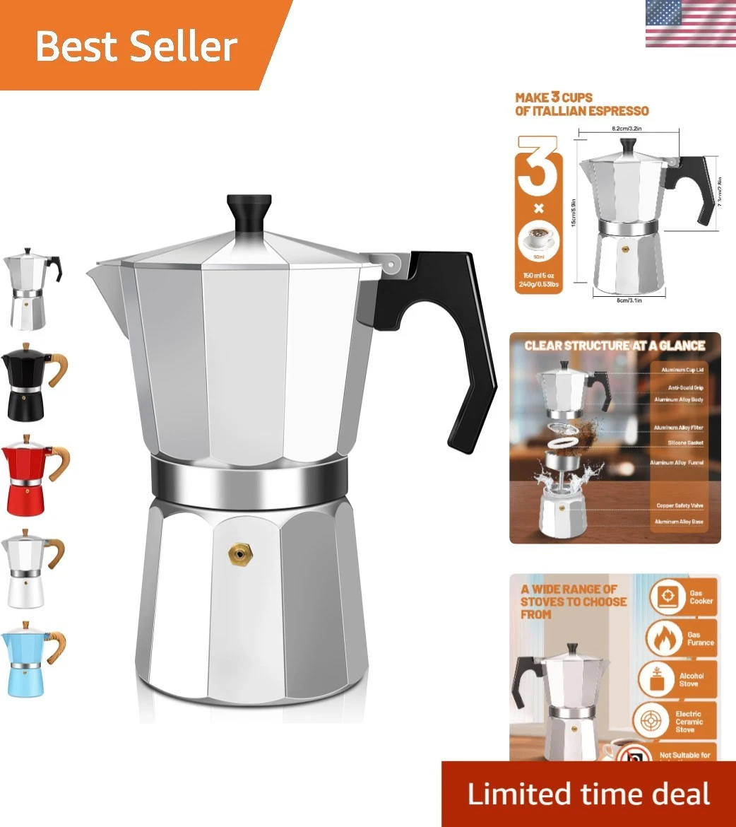 3 Cup Espresso Coffee Maker Aluminum Moka Pot Stovetop Percolator Portable