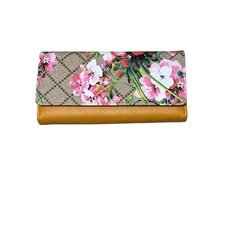 Women's NWOT Floral Print Wallet Yellow Flap Purse With Matching Wristlet Strap