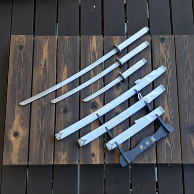 3Pc White Dragon Design Samurai Katana Swords Set Ninja Style with Display Stand