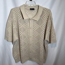 BoohooMAN Natural Plus Relaxed Fit Open Stitch Diamond Knit Polo Shirt Beige 4XL