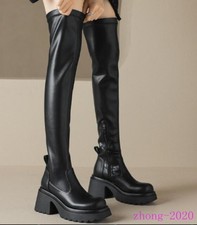 Women Faux Leather Block Heel Zip Over The Knee Boots Western Party Casual Shoes