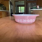 Vintage Pyrex 471   White Gooseberry Print on Pink   1 Pint Casserole  USA