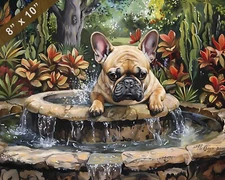 French Bulldog dog painting by a tranquil garden fountai 8x10 Print 