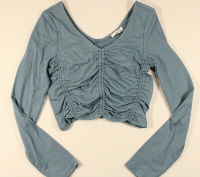 TIMING Juniors Sz M Long Sleeve Scoop Neck Rushed Front Crop Top Light Blue NWT