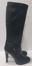 Tory Burch Black Tall Kasey Heeled Smooth Leather Boots Logo Size 10M